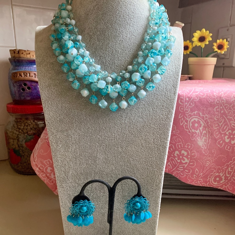 60s Hong Kong Blue & White 2 Strand Necklace & ER